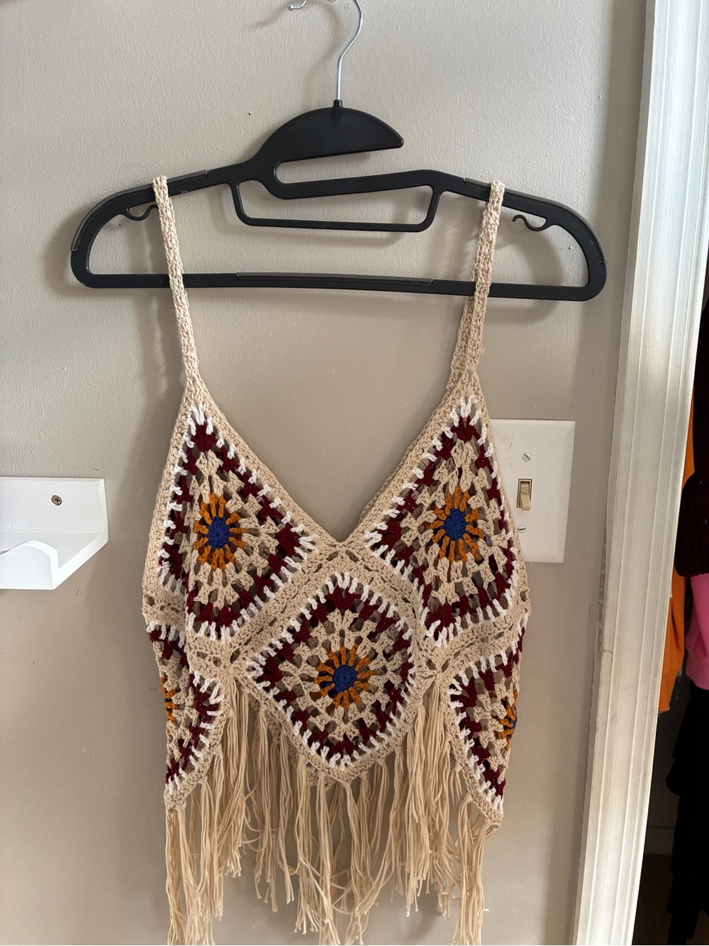 Boho Crochet Fringe Tank Top in Beige with Burgundy & Mustard Accents
